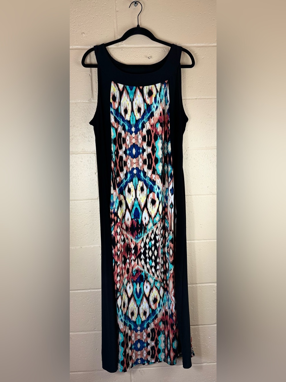 Elie McCarthy Sleeveless Black Maxi Dress with Ikat Panel in Size 2X D58